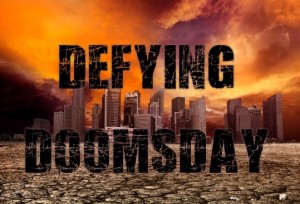 The anthology title 'Defying Doomsday' printed over a background of a city surrounded by desert with an orange stormy sky.